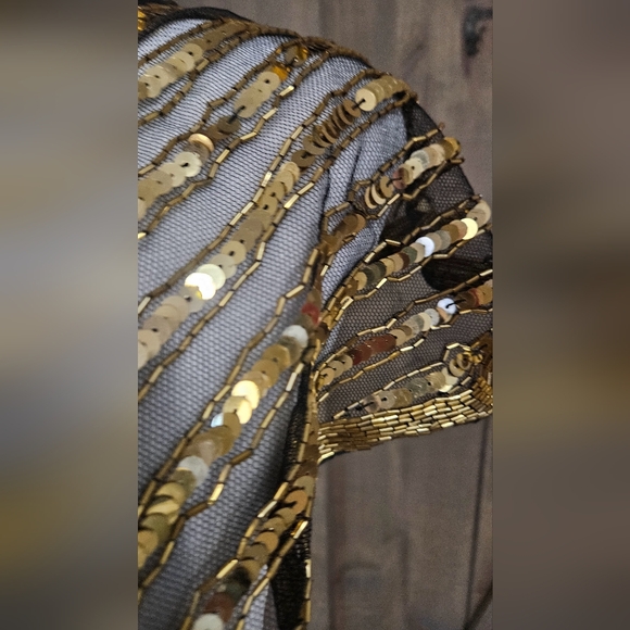 VINTAGE Gold Sequin Beaded  Shoulder Sling Mesh Capelet Tie Front. NWT - Picture 6 of 10